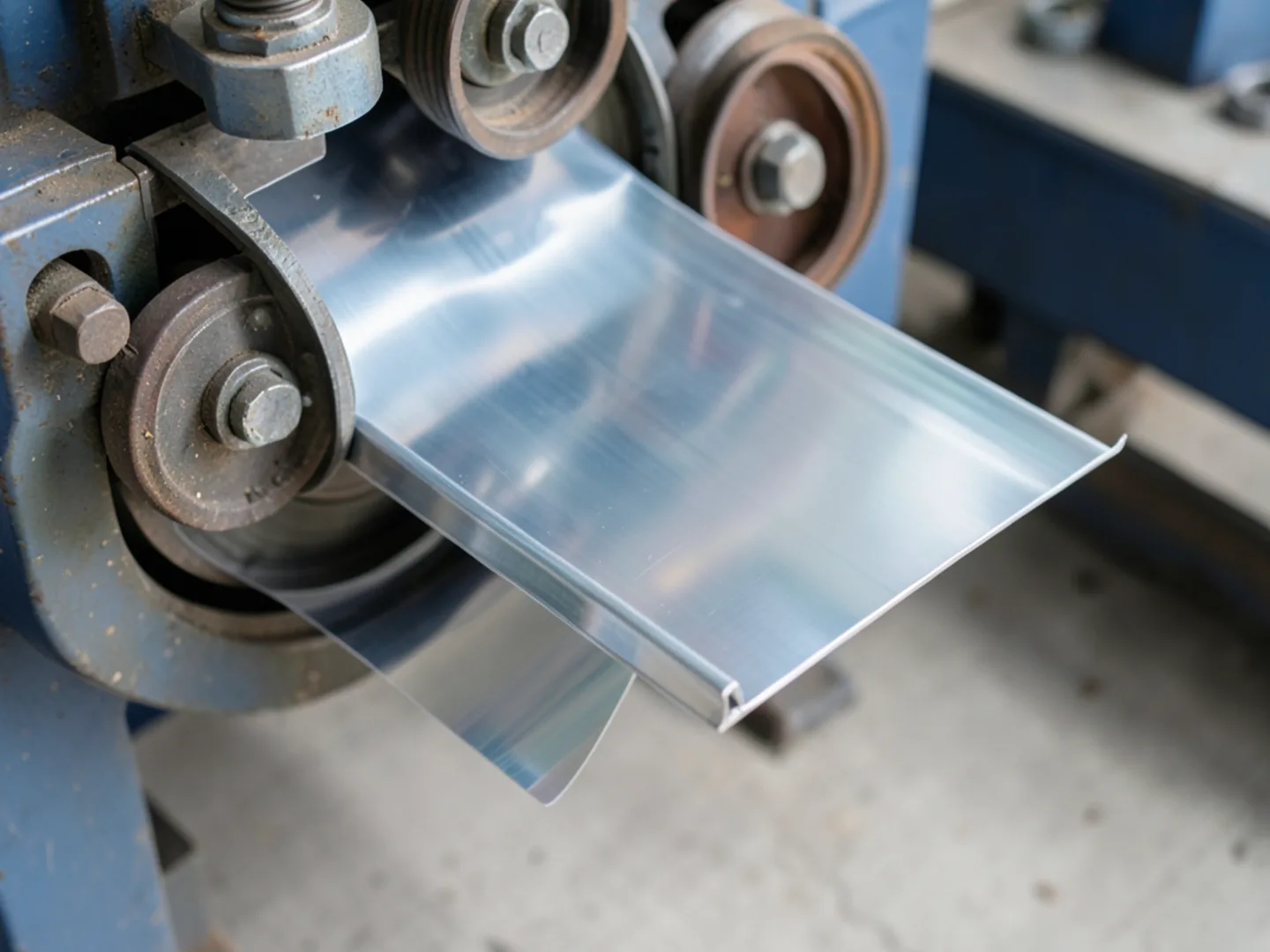 Close-up of aluminum coil feeding into extrusion rollers forming seamless K-style gutter