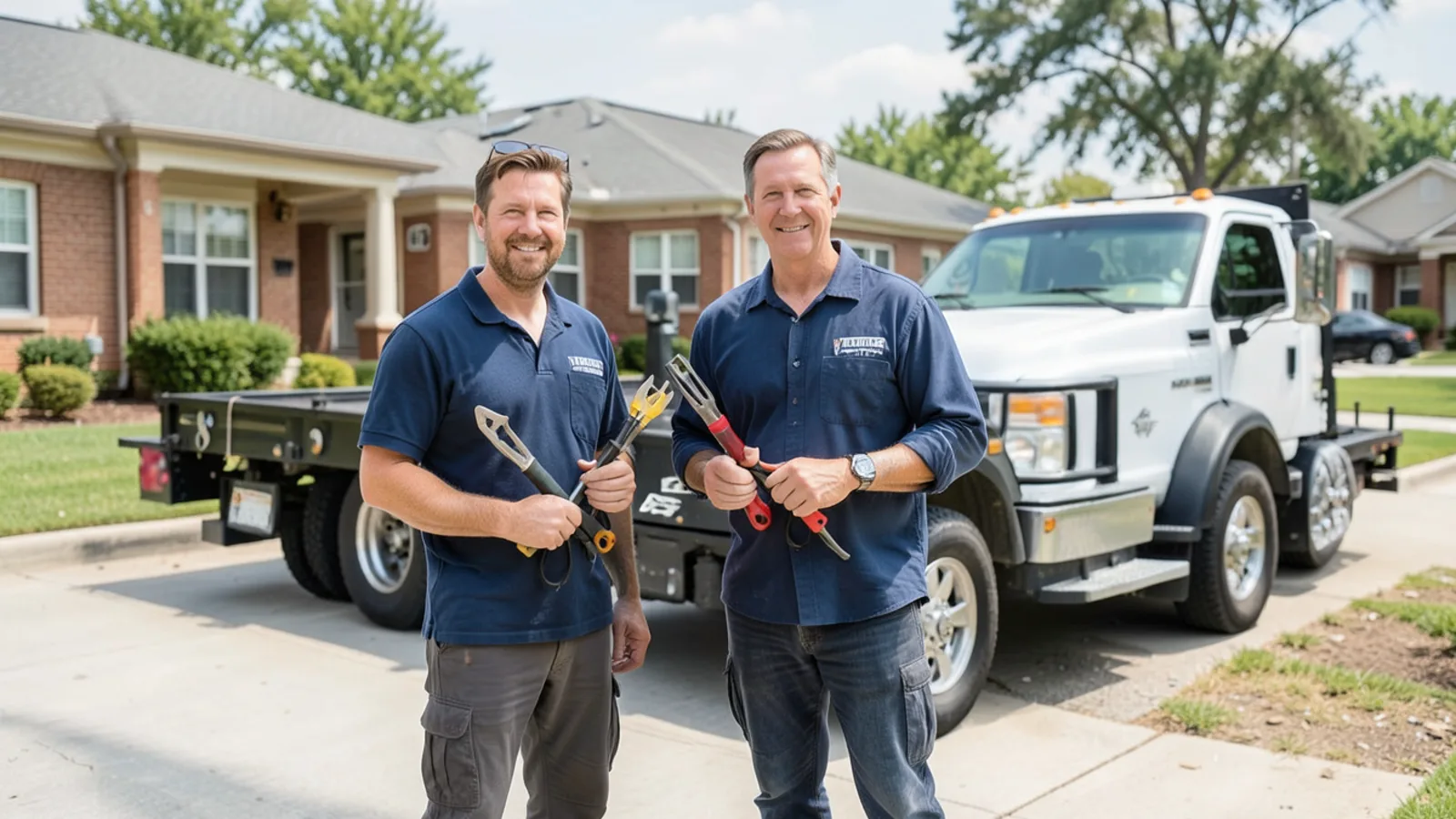 Hydro Seamless Gutters technicians standing with mobile roll-forming trailer in Katy