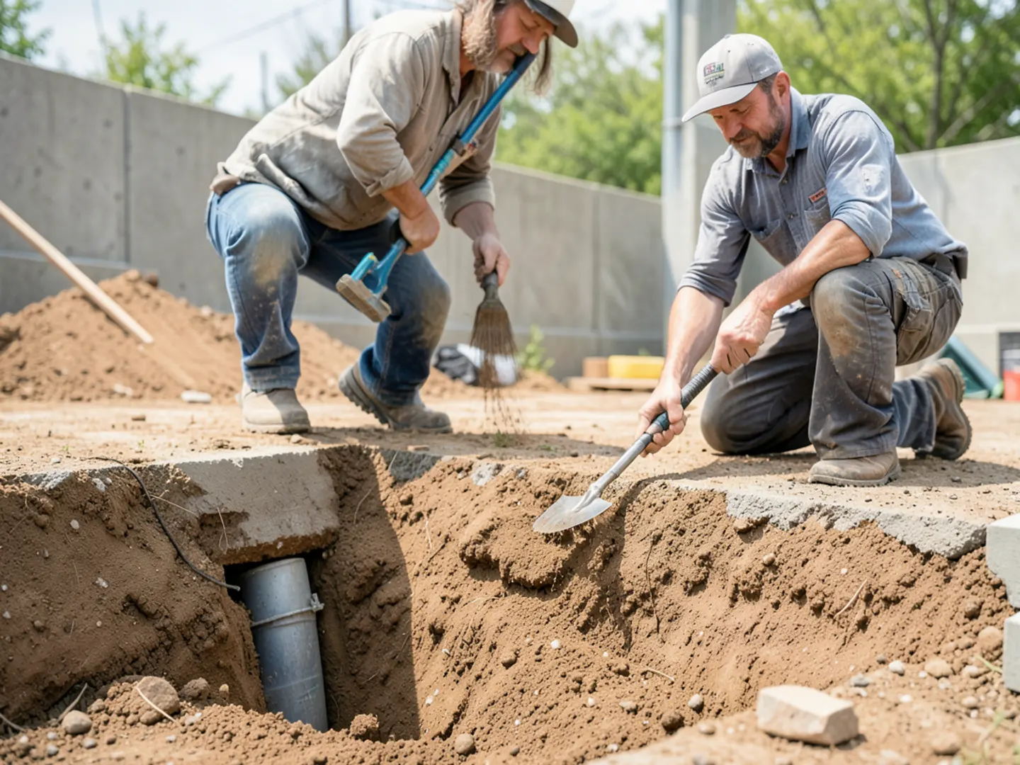 Graded foundation perimeter with dry soil and downspout discharge safely distant