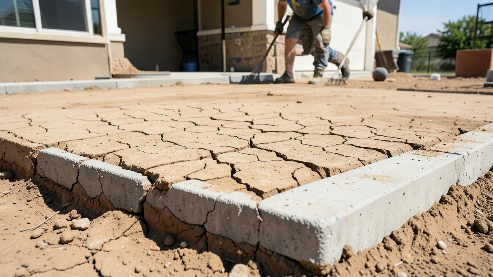 Cracked expansive clay soil near residential slab foundation showing shrink-swell fissures
