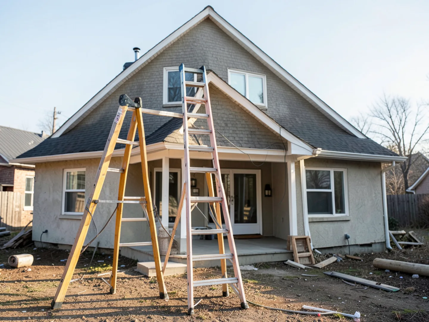 View comparing ladder staging for single-story ranch vs steep two-story roofline