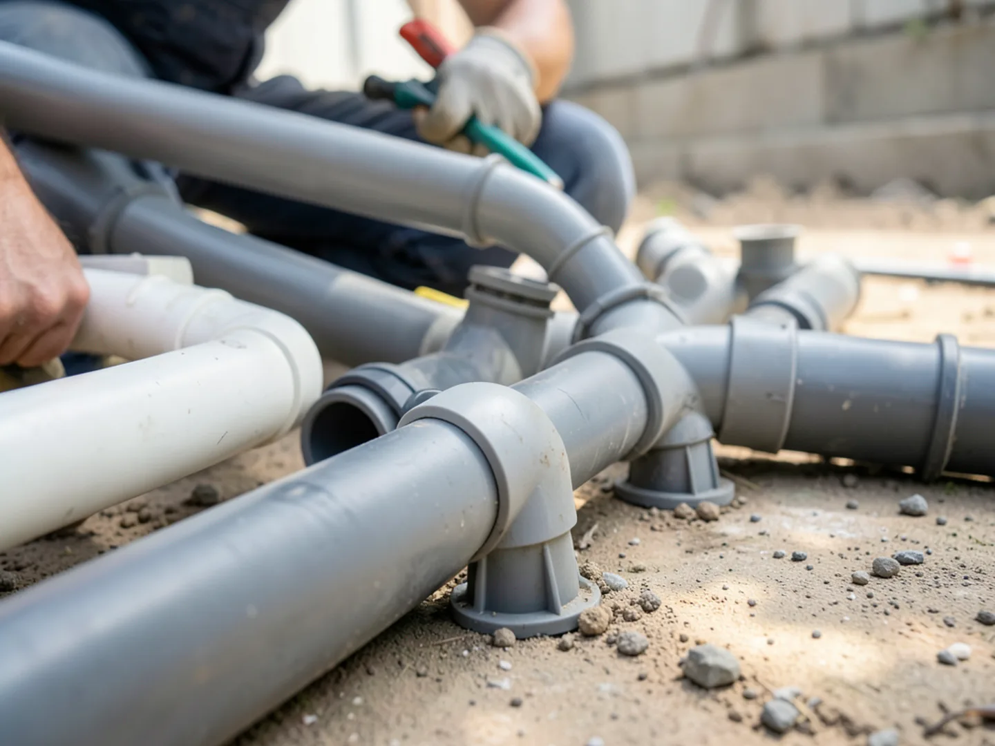 Display of PVC drain pipes, adapter boots, and pop-up relief emitters ready for install