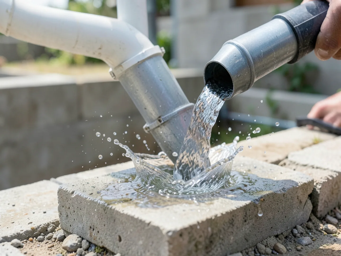 Clear water flowing out of downspout elbow onto splash block during flow check