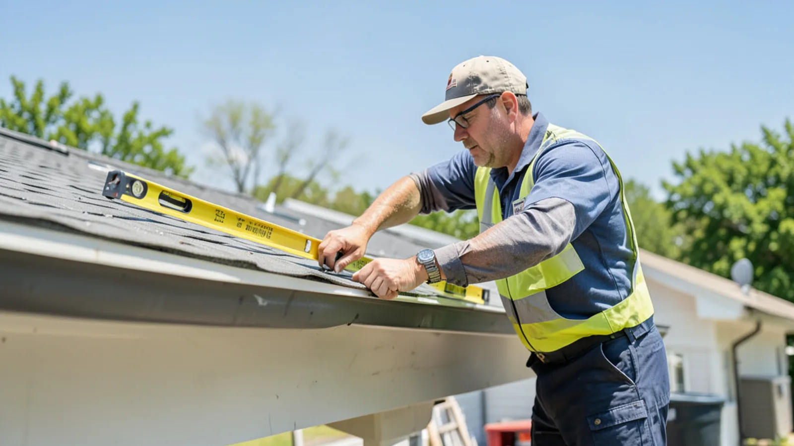Technician checking gutter alignment with level during seasonal tune-up in Katy