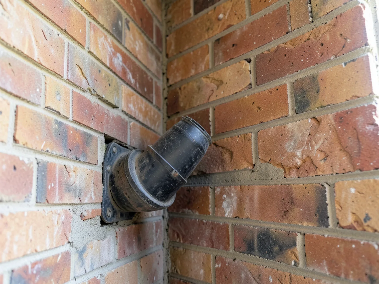 Downspout tucked neatly into inside wall corner painted to match adjacent brick
