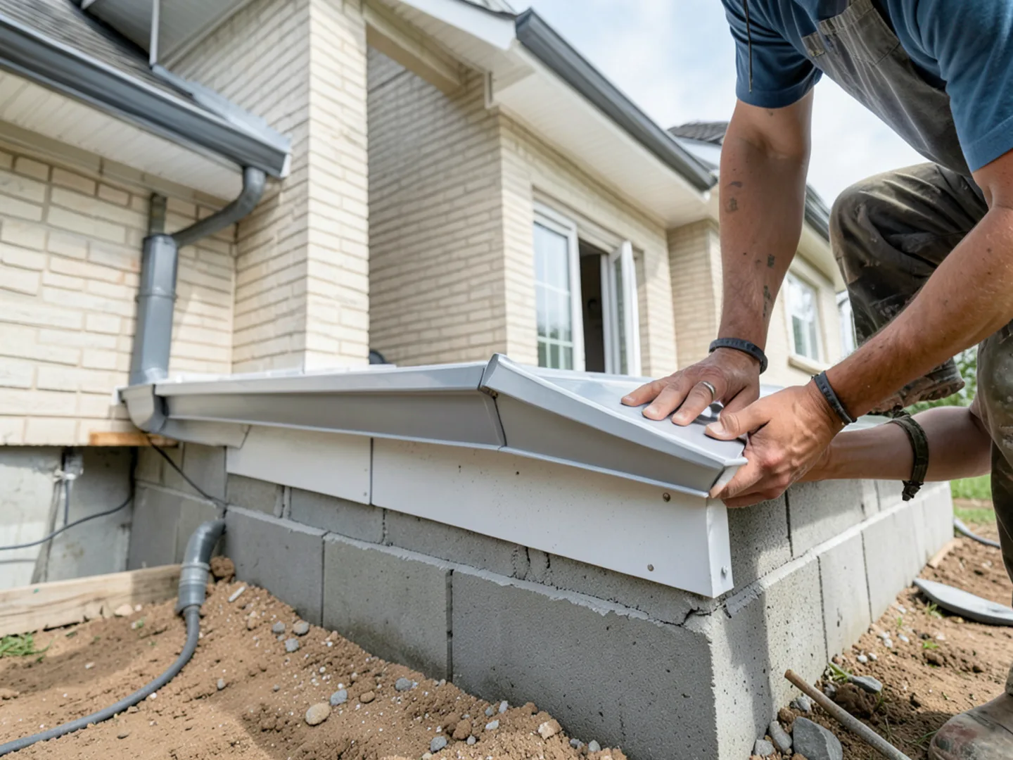 Home with full perimeter seamless gutters installed around all four sides protecting slab