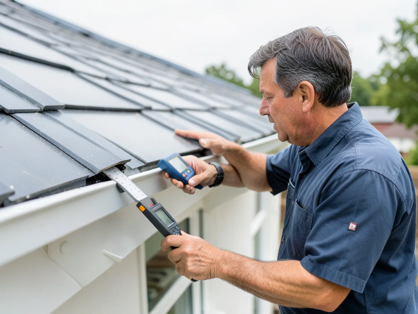 Technician using digital measuring tool calculating roofline dimensions for estimate