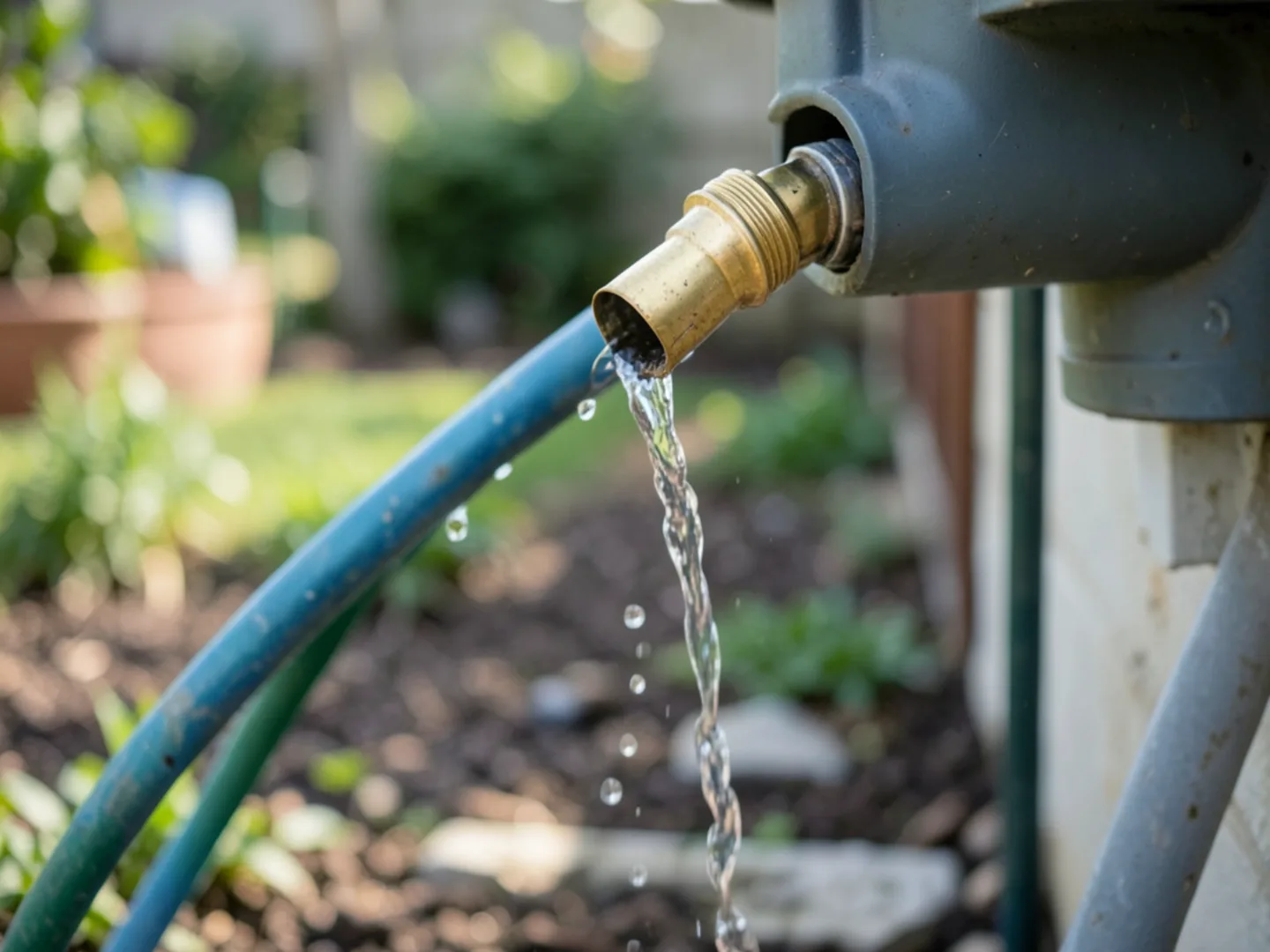 Hose with brass nozzle flushing clear water through downspout elbow onto lawn