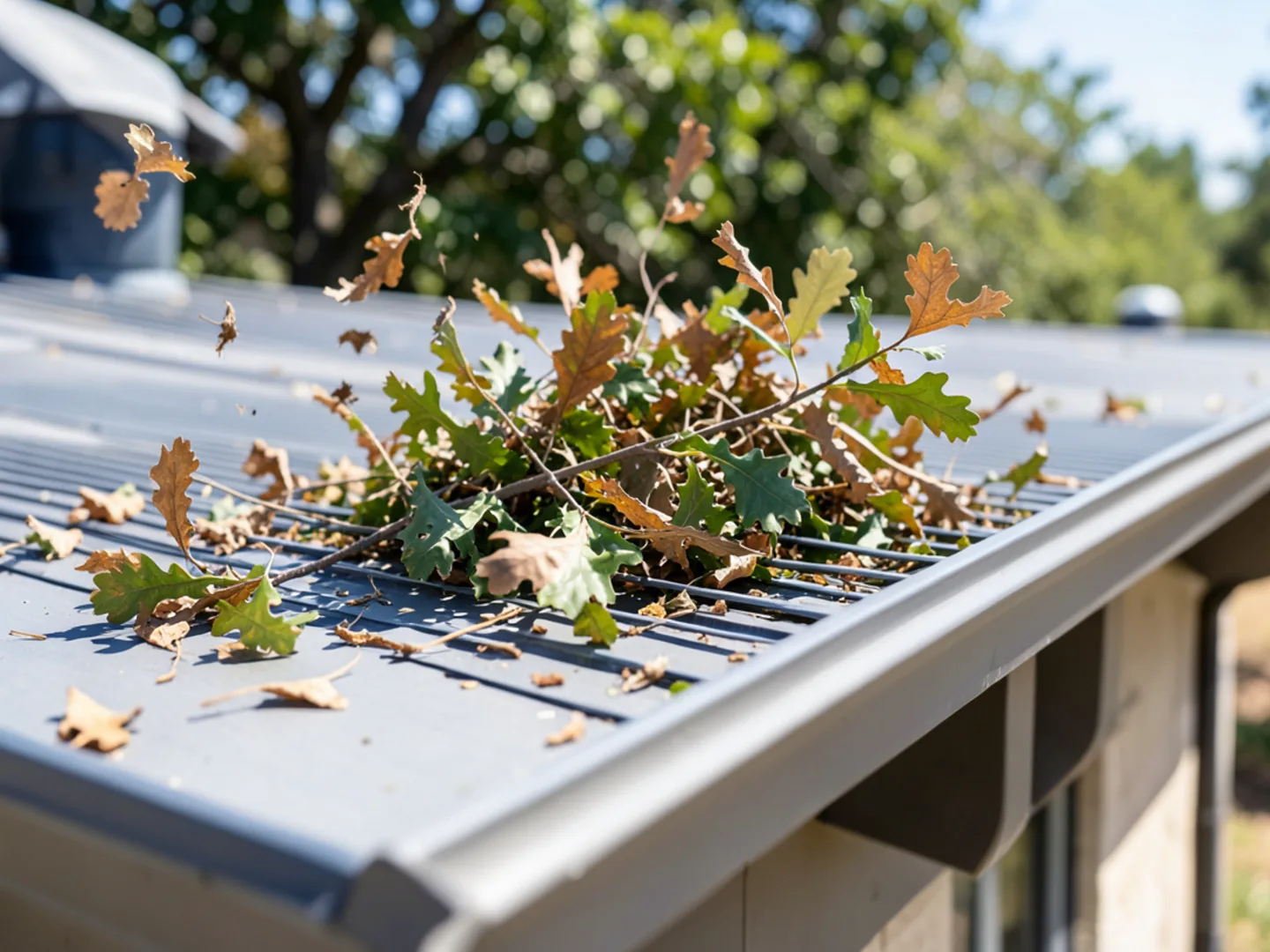 Texas live oak leaves naturally blowing off micro-mesh guard surface in light breeze