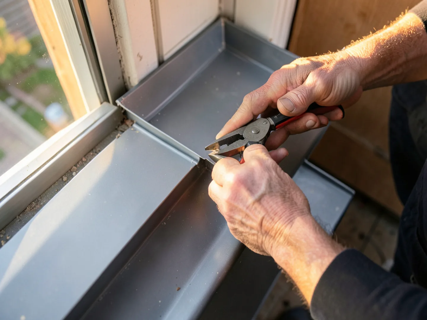 Installer using metal shears to trim custom guard corner piece for precise fit