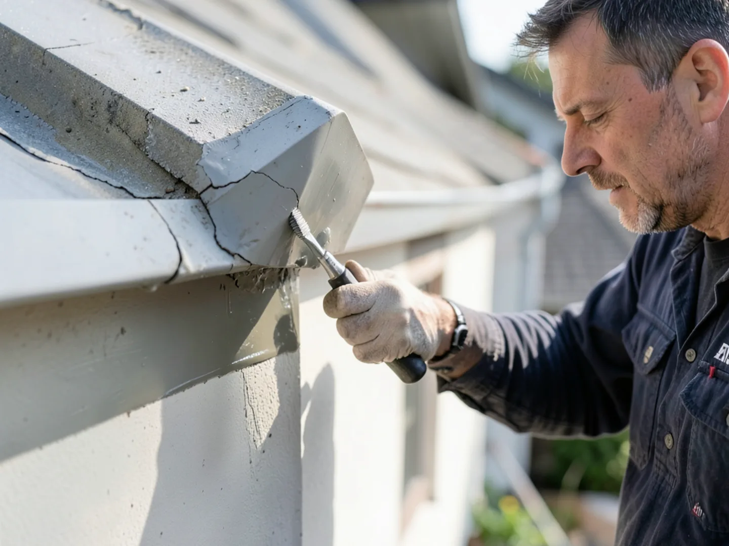 Applying fresh waterproof polymer sealant to cleaned inside corner gutter seam
