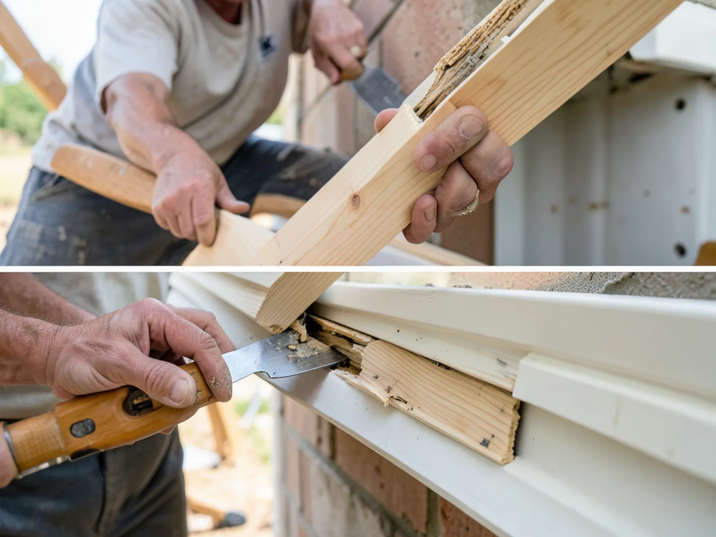 Carpenter replacing decayed water-damaged subfascia board with primed exterior wood