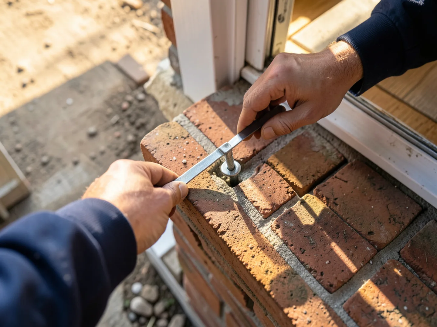 Technician anchoring loose downspout strap to brick veneer using masonry fastener
