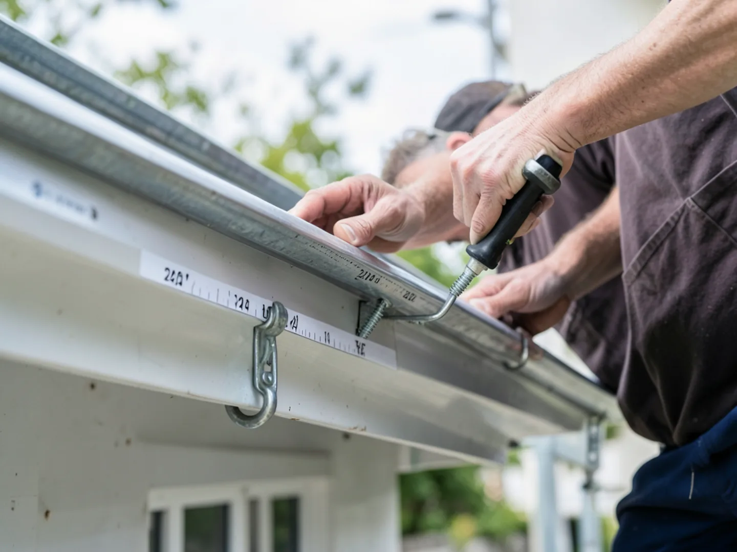 Installer measuring 24-inch spacing intervals for heavy-duty hidden hangers inside gutter