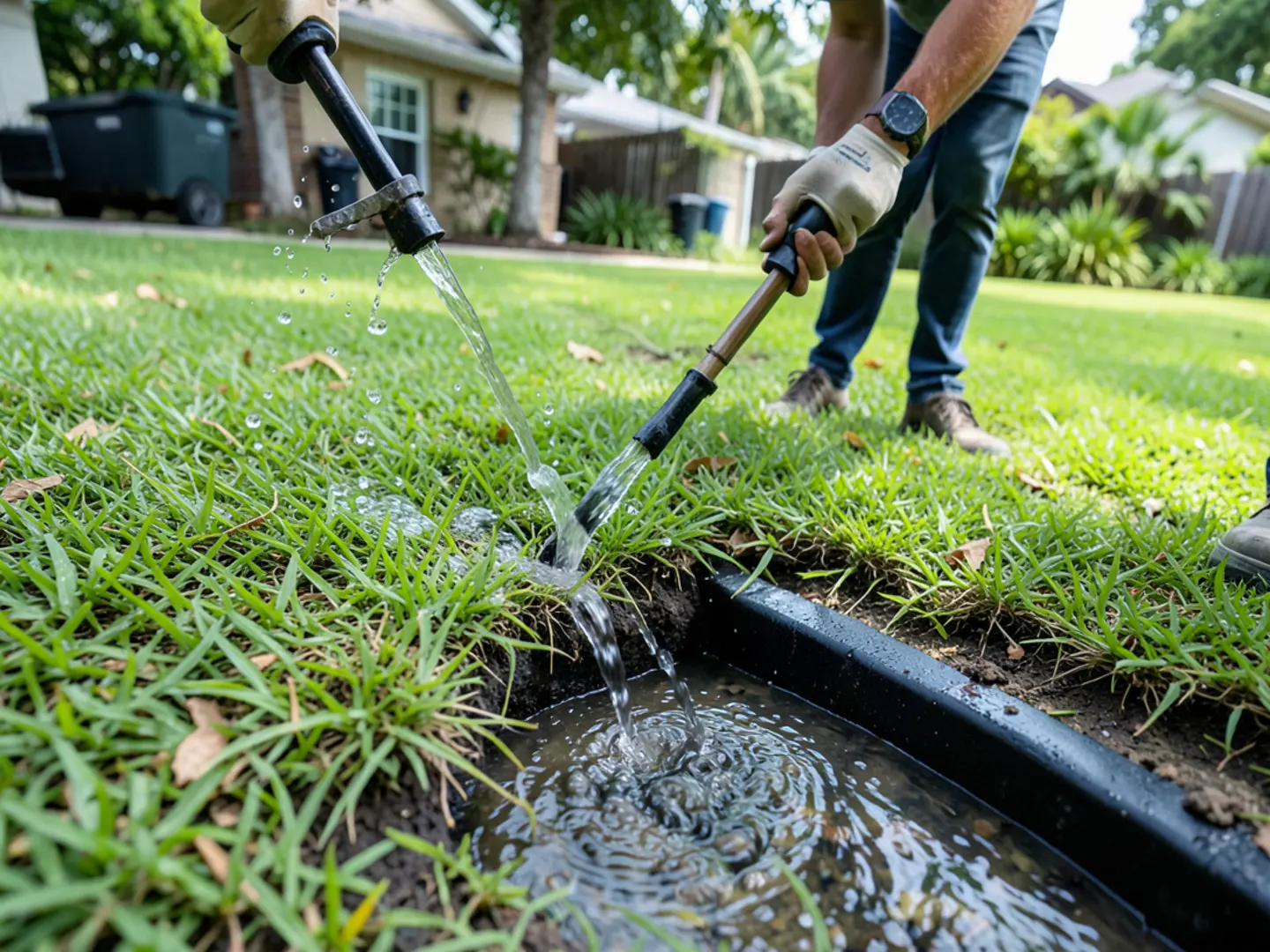 Subsurface drainage emitter dispersing stormwater cleanly into lawn in Cypress Creek watershed