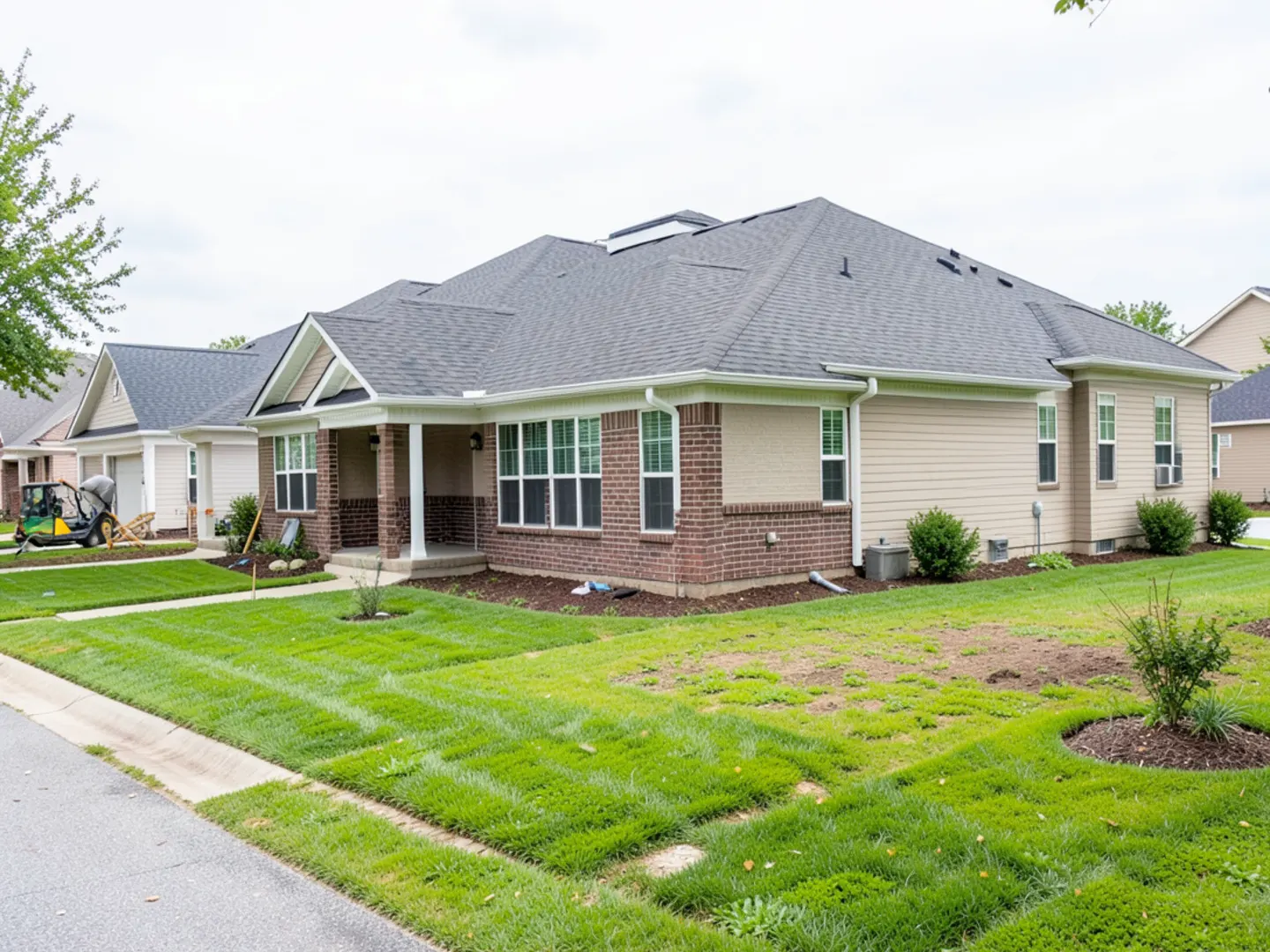 Suburban street scene in Fulshear Texas featuring master-planned homes with complete gutters