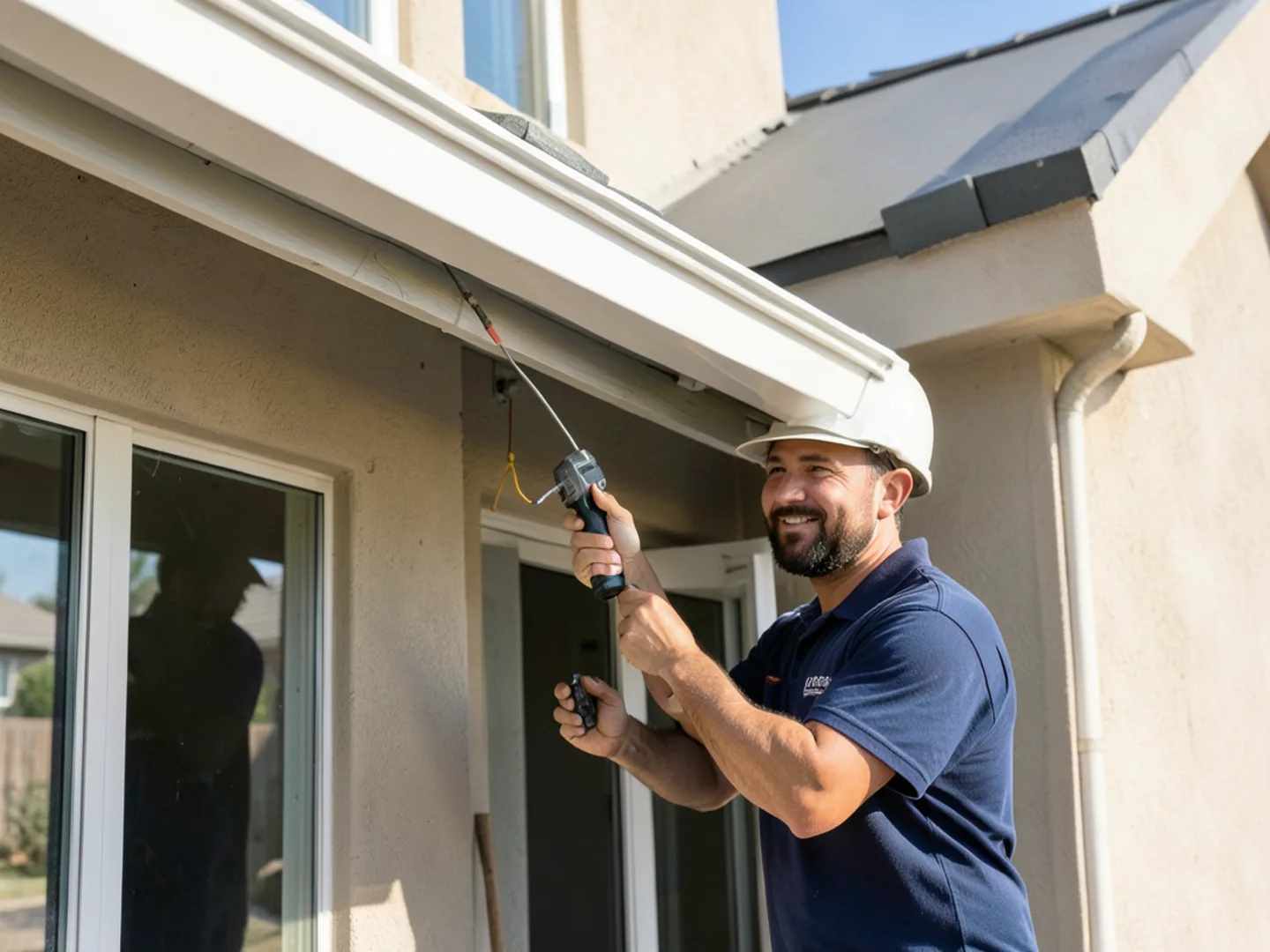 Measuring side eave of modern Jordan Ranch home to complete partial builder gutter setup