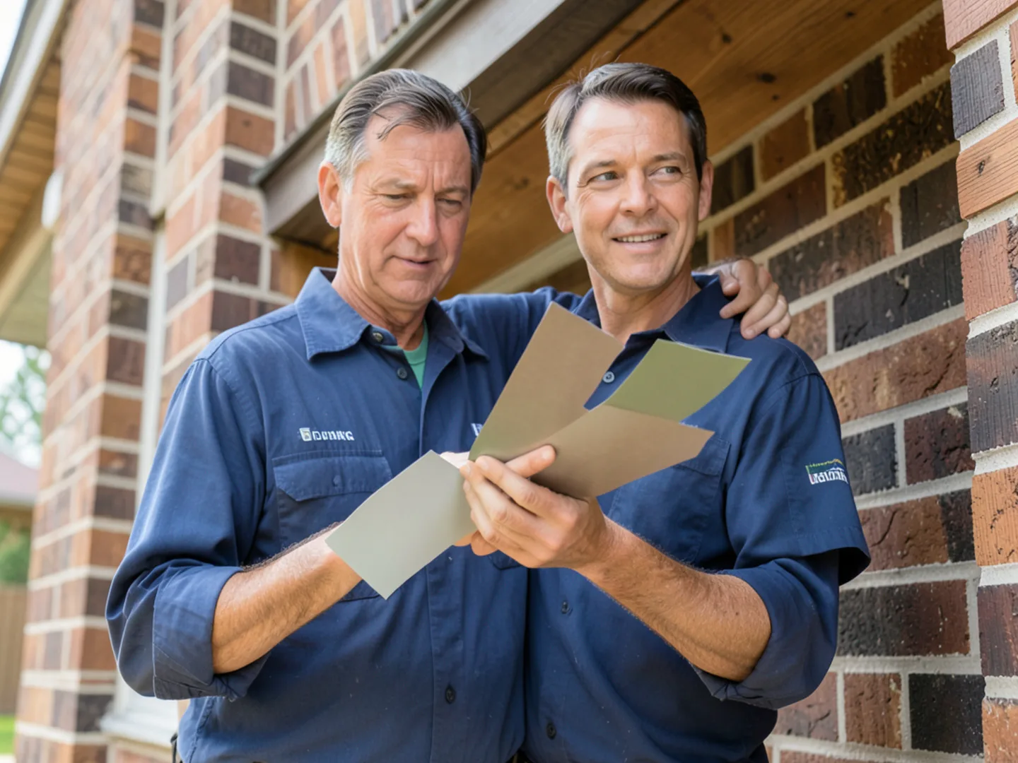Technician matching enamel color swatches to exterior brick and trim for Fulshear HOA approval