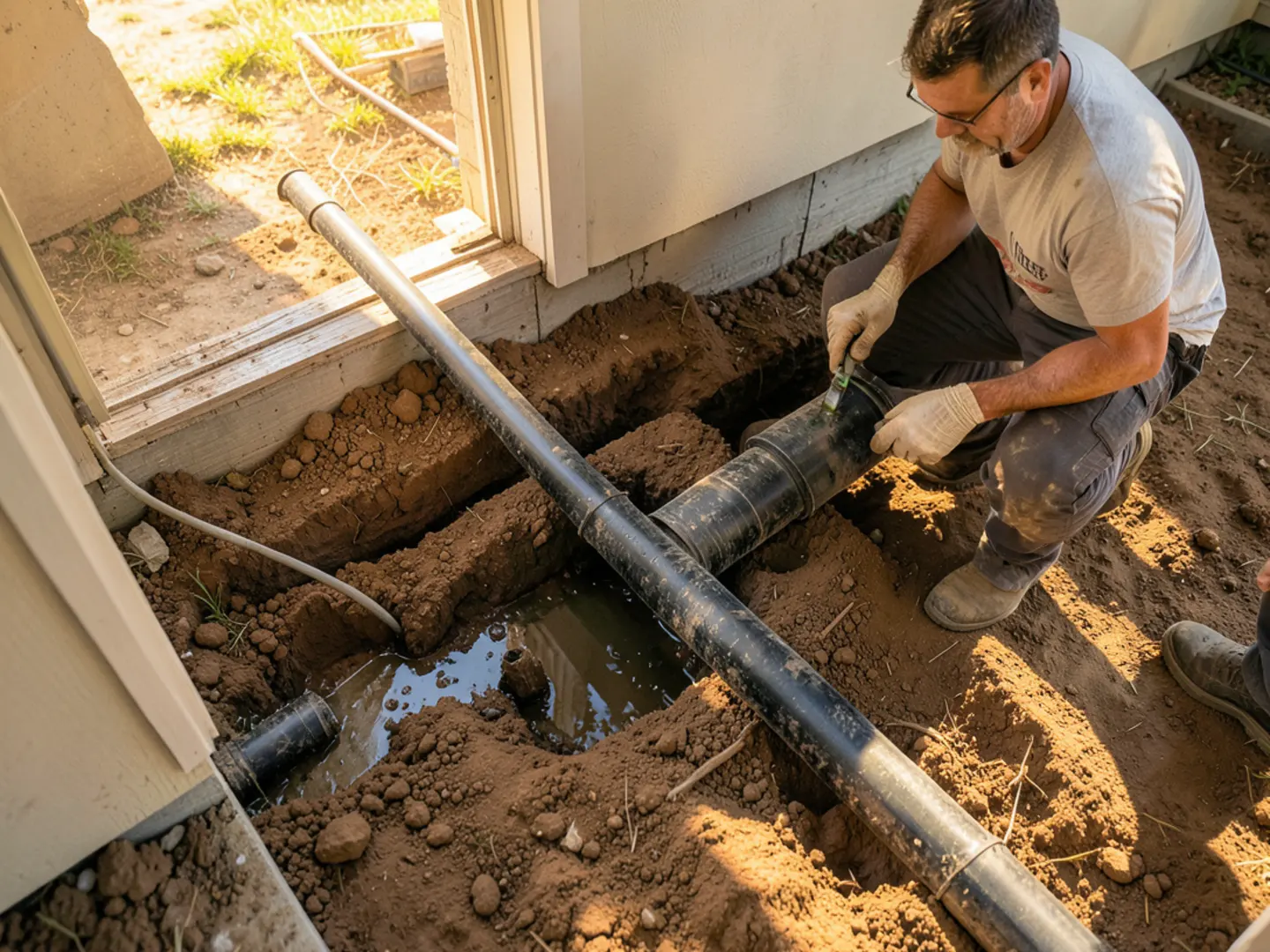 Completed underground drainage pipe routing downspout water away from Fulshear clay soil slab