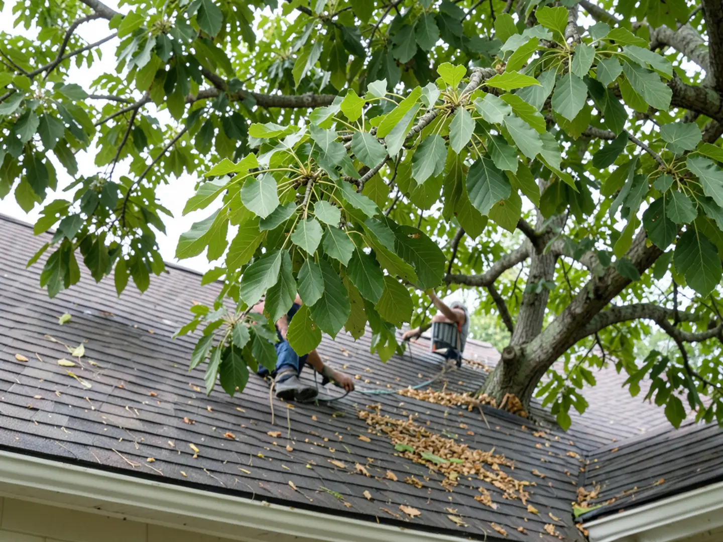 Heavy branches of mature pecan trees hanging over residential roofline in Pecan Grove