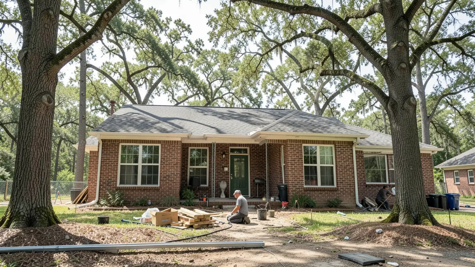 Brick home in Pecan Grove Plantation surrounded by pecan trees with newly mounted gutters
