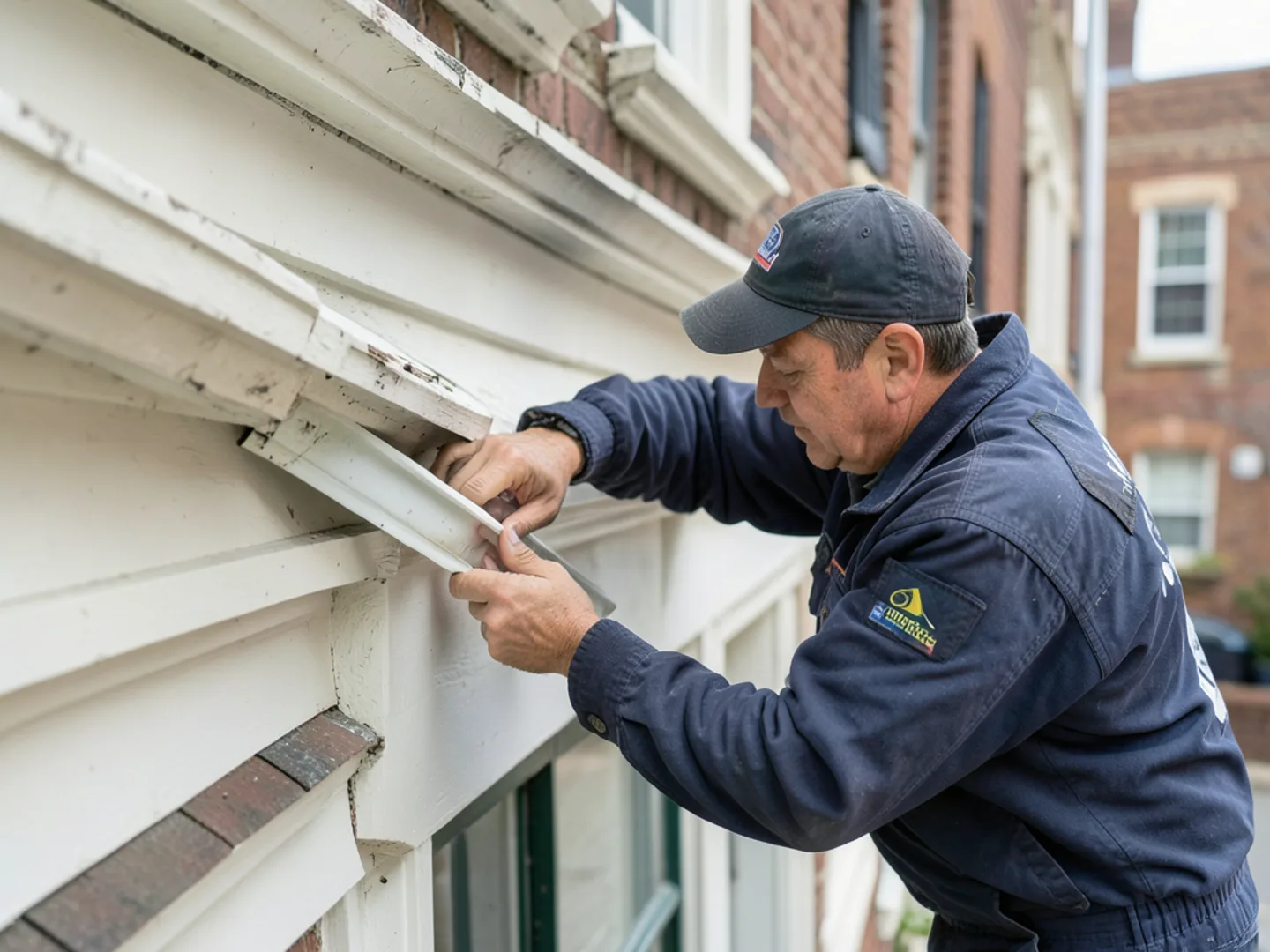 Installer securing gutters along roofline of classic home near historic downtown Richmond