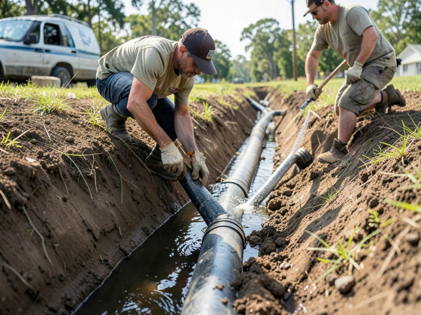 Underground PVC drainage line directing heavy roof runoff toward drainage easement
