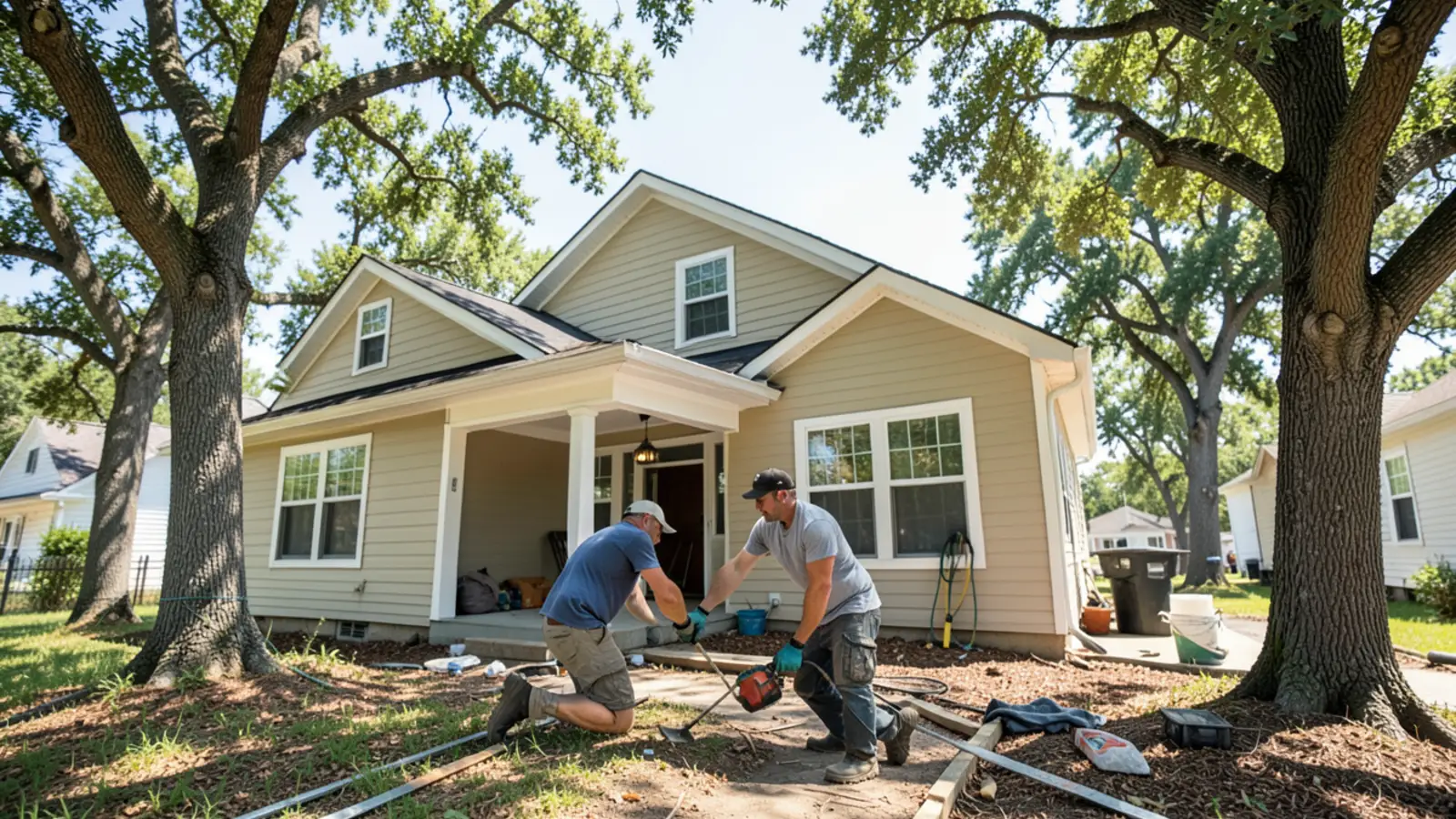 Seamless gutter installation on a residential home in Richmond Texas shaded by mature trees