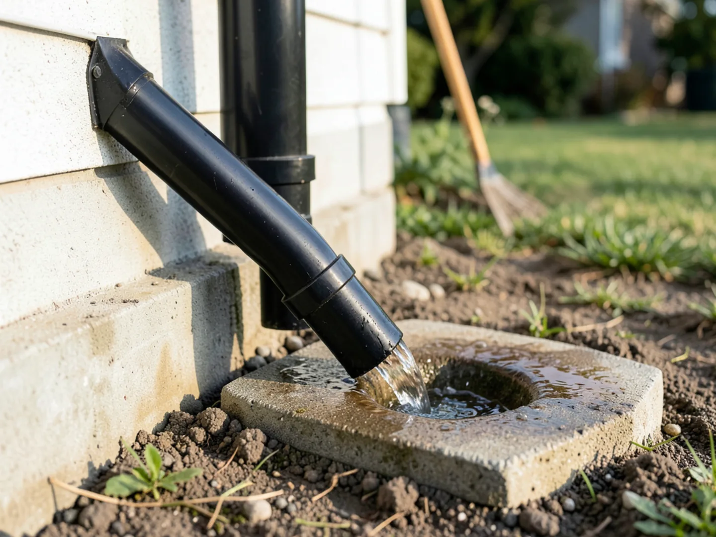 Downspout extension discharging rainwater 6 feet away from home foundation on clay lot
