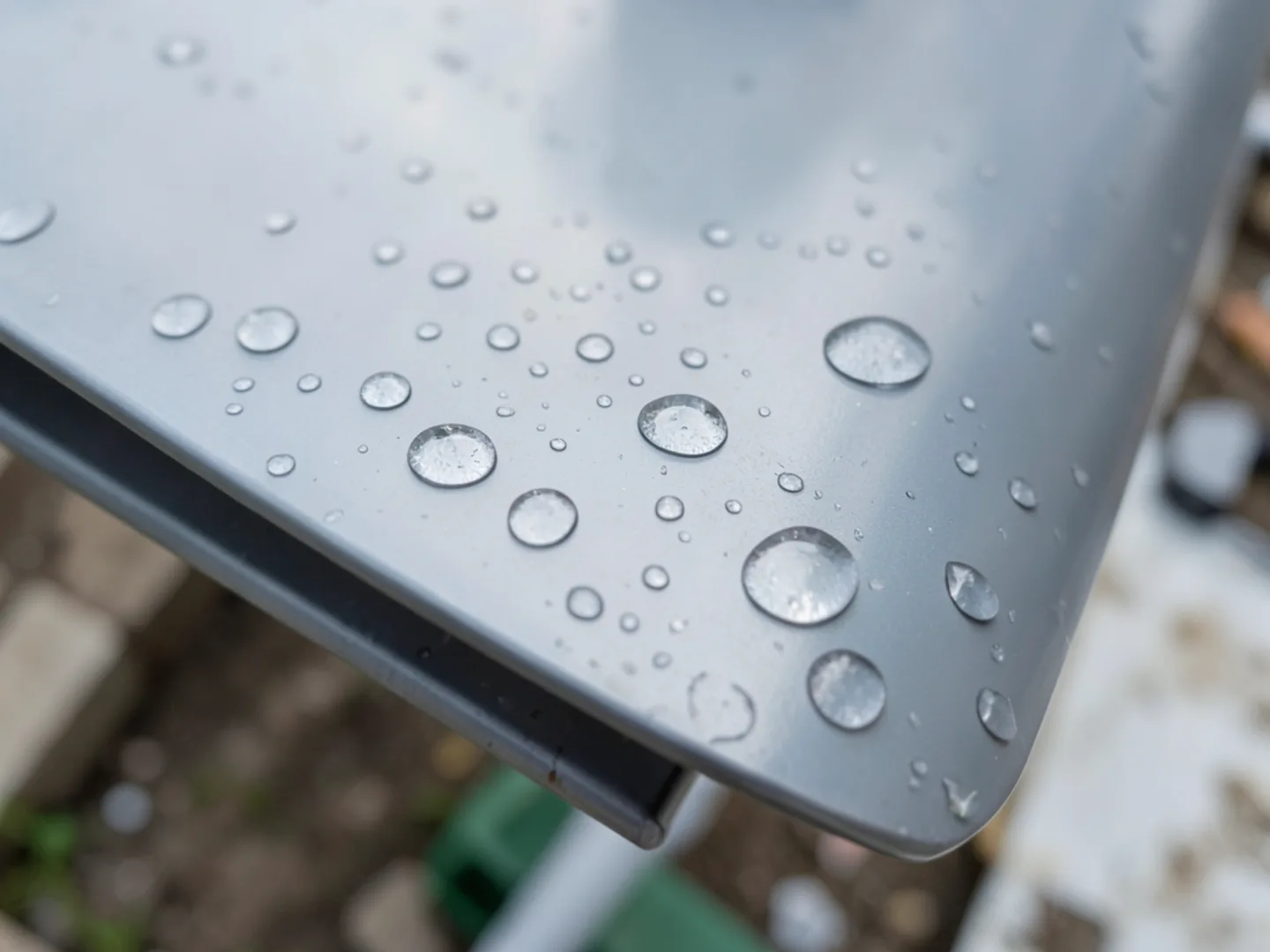 Macro photograph of hail strike indentations and paint bruising on painted aluminum gutter