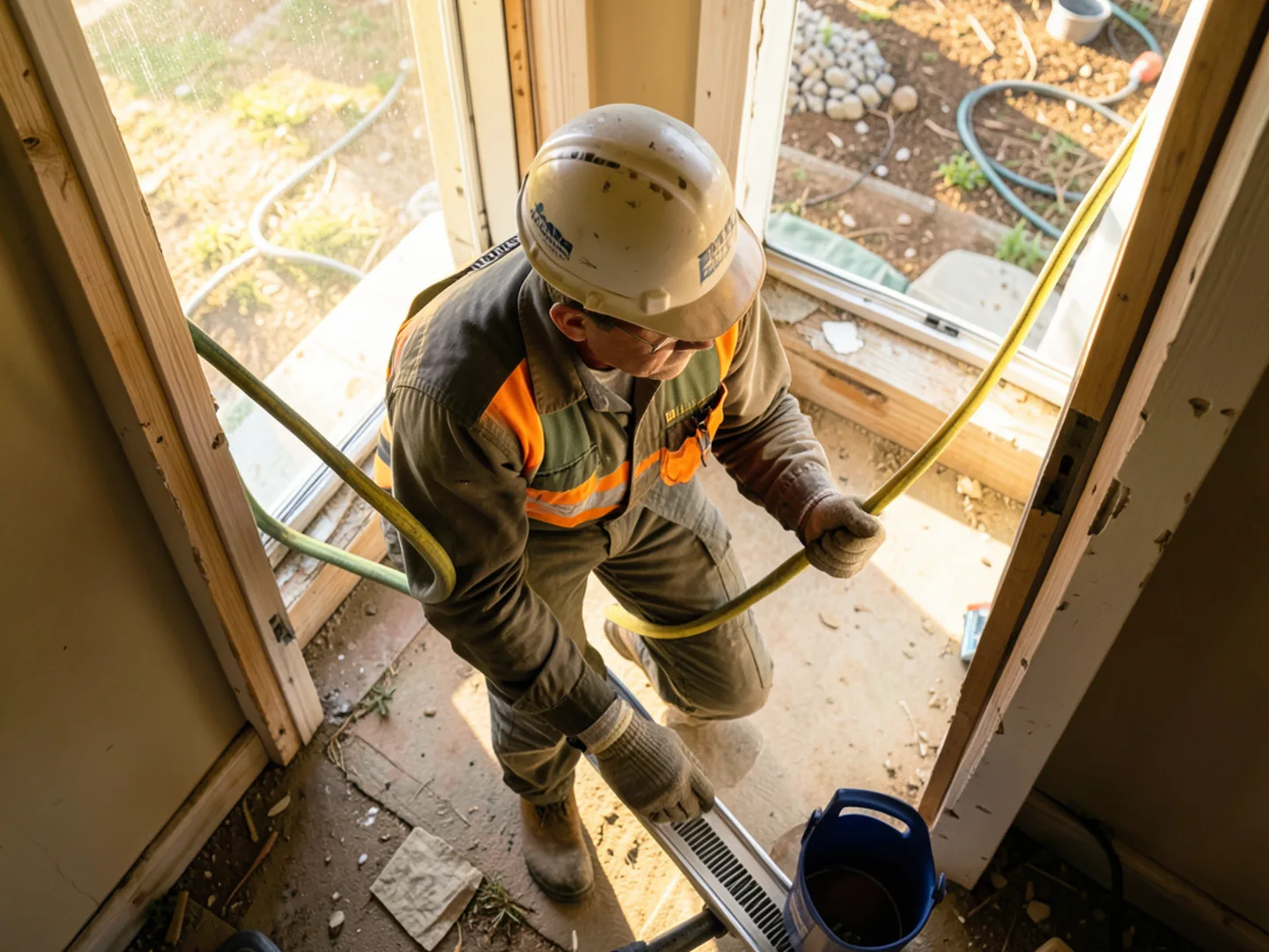 Crew installing brand new seamless replacement run on home restored after storm damage