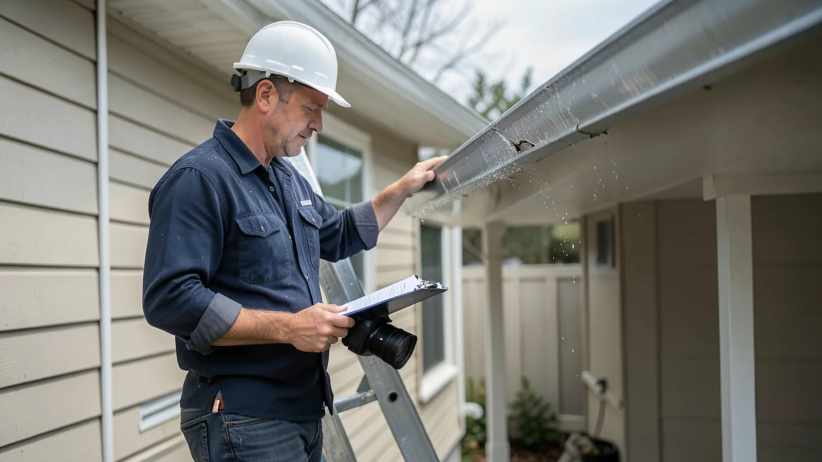 Technician inspecting hail denting along gutter lip on Katy home after thunderstorm